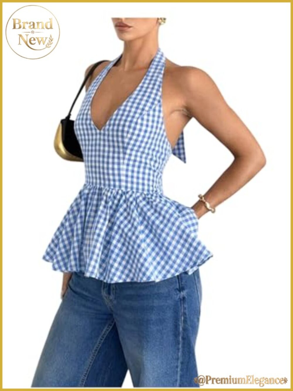 Gingham Halter Tank Top V Neck Ruffle Peplum Going Out Summer Top